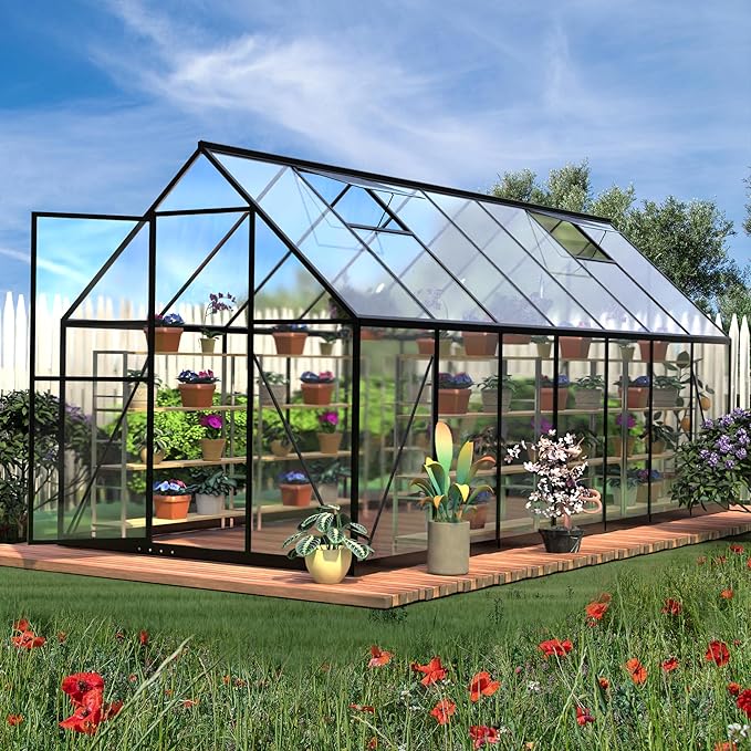HOOYEAH 6 x 14 FT Greenhouses for Outdoors, Heavy Duty Polycarbonate Greenhouse, Lockable Greenhouse Kit with Upgraded Aluminum Frame and Adjustable Roof Vent, Winter Hot Green House for Outside