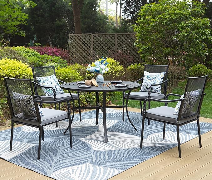 HERA'S HOUSE Round Patio Table and Chairs, Metal Outdoor Dining Sets for 4, 42" Black Table with 4 Cushioned Armrest Chairs for Garden Lawn Backyard