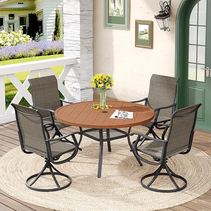 DIFY 5 Pieces Outdoor Patio Dining Set, 4 Brown Textilene Swivel Dining Chairs and 41.7" Walnut Round Dining Table with Faux Wood Top, Outdoor Table and Chairs