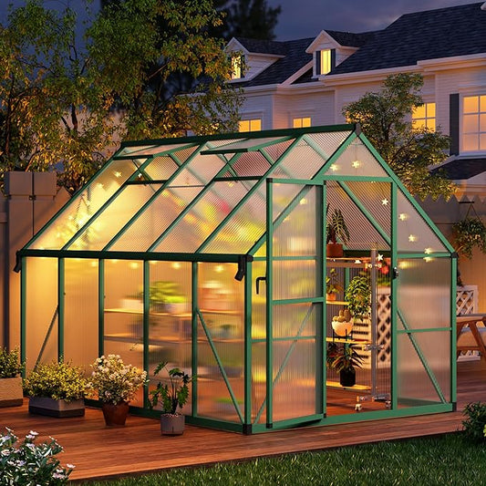 CABIHOME 8x14 FT Outdoor Greenhouse, Polycarbonate Greenhouse with Roof Vent and Ground Nails, Aluminum Large Walk-in Green House w/Lockable Push Door for Outside Garden Backyard (Green, 8x14 FT)