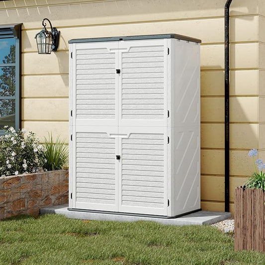 KAMABOKO Outdoor Storage Cabinet 55 Cu.Ft Outdoor Trash Can Storage Shed Waterproof Horizontal Storage Shed Outdoor Storage for Backyard, Patio, Poolside (White)