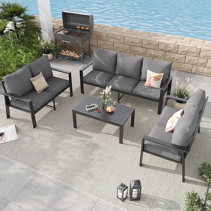 Aluminum Patio Conversation Set with Coffee Table 4PCS Deck Outdoor Furniture 7-Seat All-Weather Rust-Proof Sectional Sofa Set with Removable Cushion for Backyard, Poolside & Small Spaces