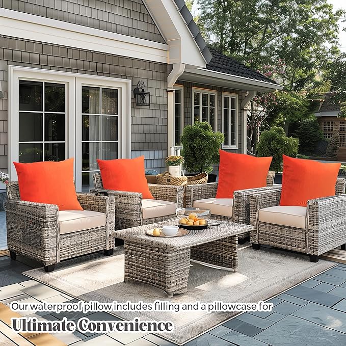 WOLKI Waterproof Outdoor Pillows 22x22 Feather and Down Filled Throw Pillow for Patio Furniture, Outside Decorative Pillow Set of 2 Orange