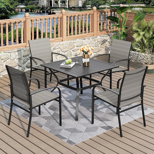 5 Pieces Patio Table and Chairs Set, 4 Person Outdoor Dining Furniture Set, 4 Brown Textilene Chairs and 37" Square Metal Table with Umbrella Hole, for Deck Backyard Lawn
