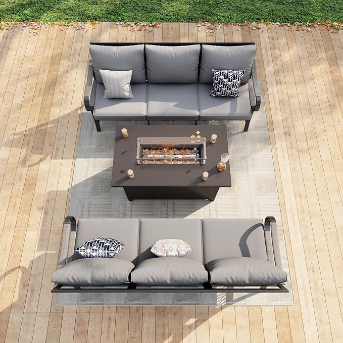 3 Pieces Patio Conversation Sets, All Weather Metal Outdoor Furniture Set, 2 Three-Seater Sofas, 1 Fire Pit Table for Backyard Garden Deck Porch Poolside, Gray