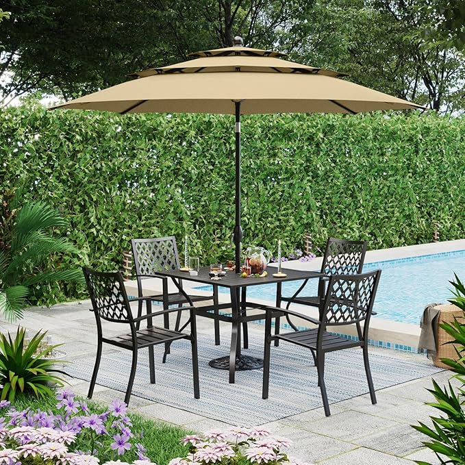PHI VILLA Outdoor Dining Set 6 PCS with 10ft 3-Layer Round Umbrella(Beige),1 Square 37"x 37"Dining Table,4 Bistro Chairs& 10ft Patio Umbrella