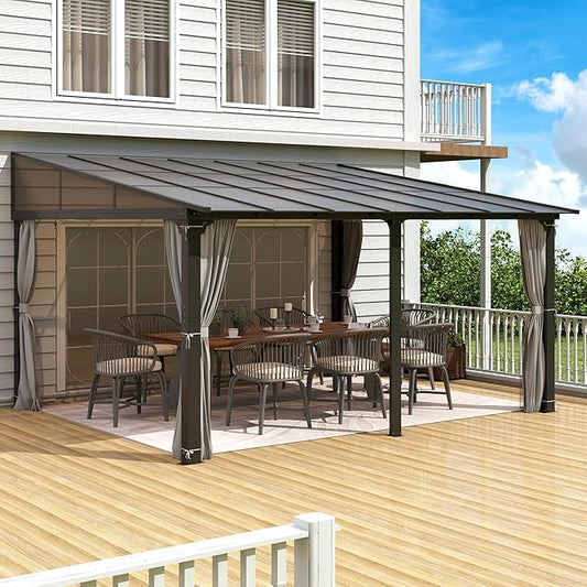 12x14FT Outdoor Wall-Mounted Hardtop Gazebo, Aluminum Frame Lean to Gazebo with Polycarbonate Roof and Curtains for Patio, Garden, Deck