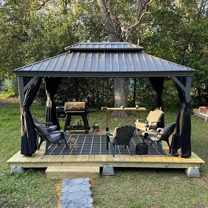 PURPLE LEAF 10' X 14' Patio Hardtop Gazebo Aluminum Outdoor Gazebo with Double Galvanized Steel Roof for Deck Backyard All Weather Outdoor Pavilion Curtain and Netting Included, Light Grey