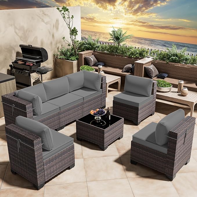 Outdoor Patio Furniture Set, 7 Pcs Outdoor Furniture All Weather Patio Sectional Sofa PE Wicker Modular Conversation Sets with Coffee Table,6 Chairs & Seat Clips Grey