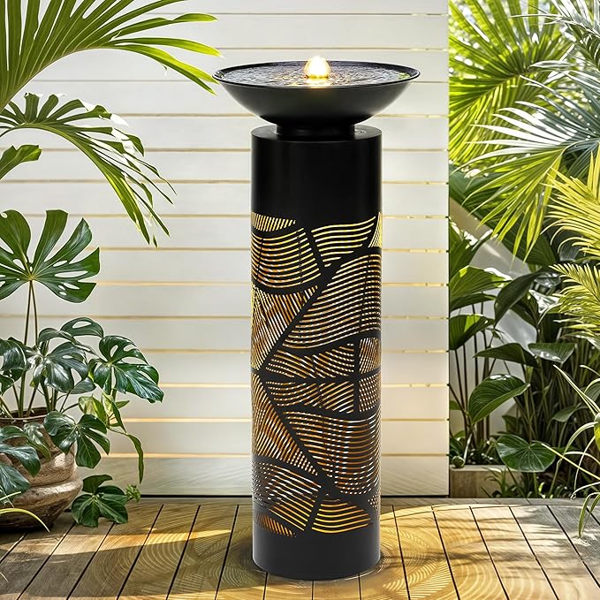 36" Modern Outdoor Fountain with Relaxing Water Flow, Elegant Cutout Metal Water Feature with lighs Casting Intriguing Lights and Shadows, Elevate Any Garden Patio Porch Deck or Home Décor