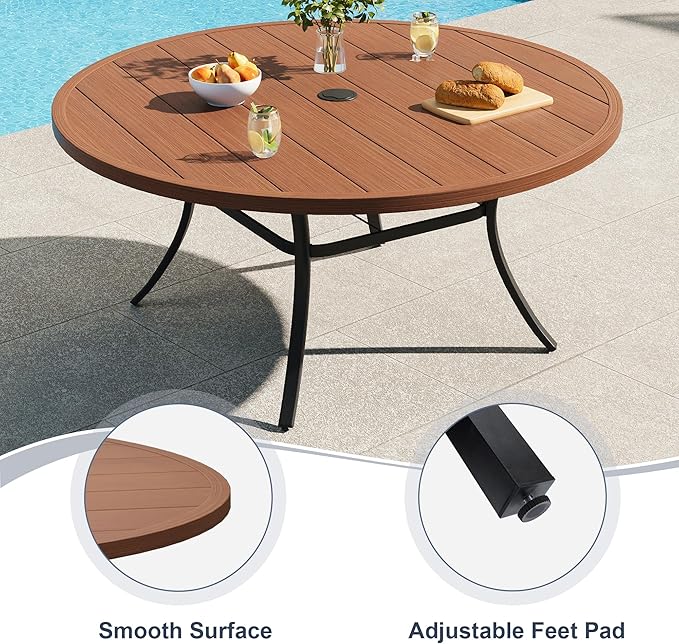 VICLLAX 50" Outdoor Round Patio Dining Table for 4-6, All Weather Metal Dining Table with Umbrella Hole for Deck Lawn Garden Backyard, Walnut