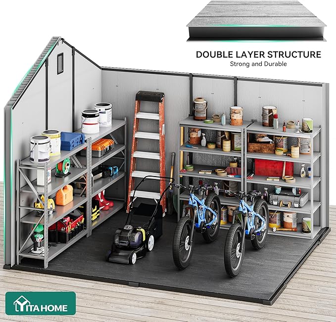 YITAHOME Outdoor Storage Shed 8x10 Ft, Plastic Storage Sheds with Floor, Lockable Doors, Windows, and Vents for Patio, Lawn, Backyard, Large Garden Storage for Bikes, Mowers, and Garden Tools, Gray