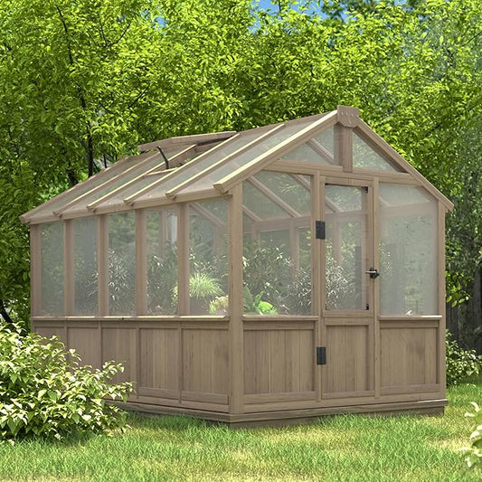 6x10 FT Green House for Outdoor, 6MM Thick Polycarbonate Panel Wooden Walk-in Greenhouse Kit with Lockable Door and Adjustable Roof Vent, Backyard Garden, Light Mocha Brown