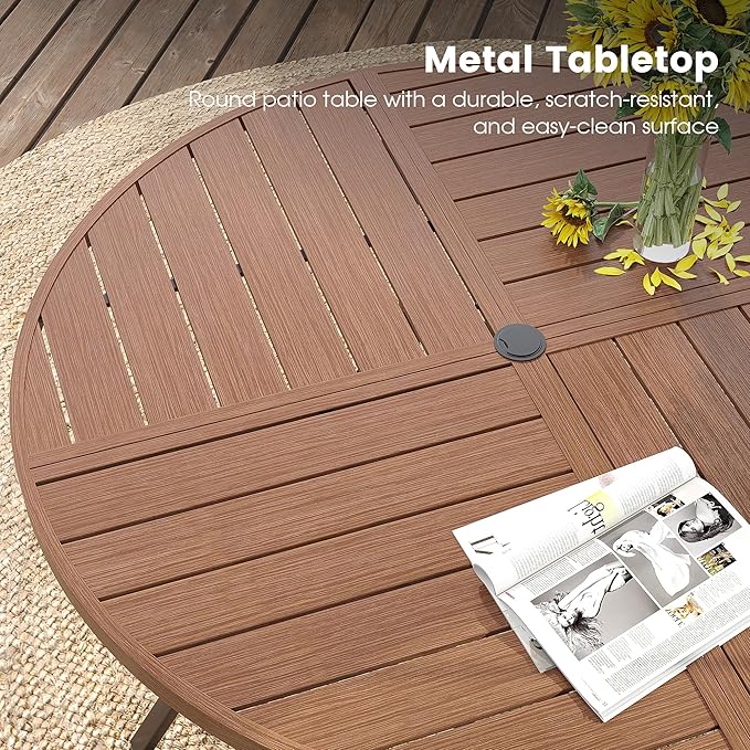 DIFY 7 Pieces Outdoor Patio Dining Set, 6 Brown Textilene Swivel Dining Chairs and 47.2" Walnut Round Metal Dining Table, Outdoor Table and Chairs