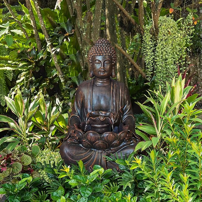 Glitzhome Buddha Fountain with Pump & LED Light, 2 Tier Zen Style Meditating Buddha Water Fountain Outdoor Fountains and Waterfalls Floor Fountains Buddhas Statues for Garden Patio Backyard 23" H