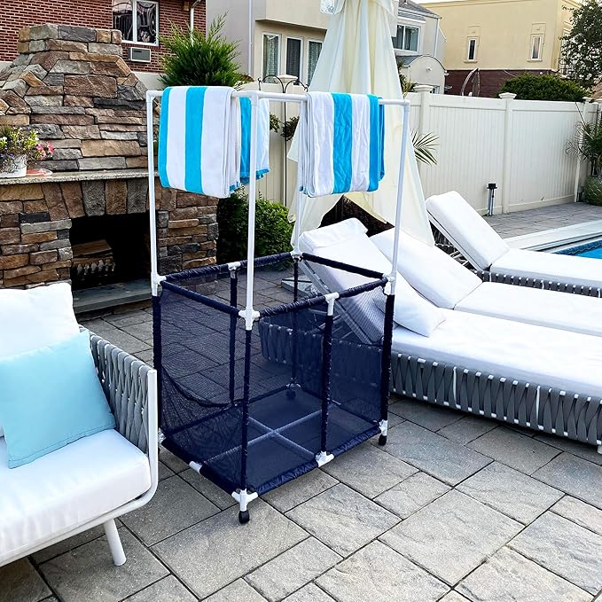 Essentially Yours Pool Equipment Holder with Towel Drying Bars, Mesh Rolling Pool Storage Organizer Bin, Extra Large with Towel Hanger, (34.5" W x 25" L x 62.6" H), Blue/White Style 418566