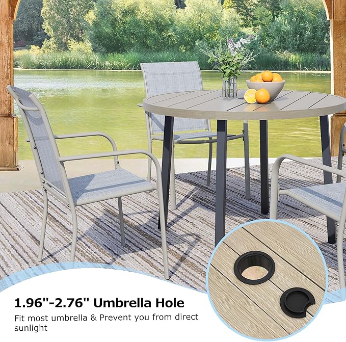 5 Pieces Round Dining Table Set for 4, Patio Dining Set Includes 4 Beige Blue Stackable Patio Chairs and 1 Honey Oak Round Table, Patio Furniture Sets with Sling Support for Outside, Garden