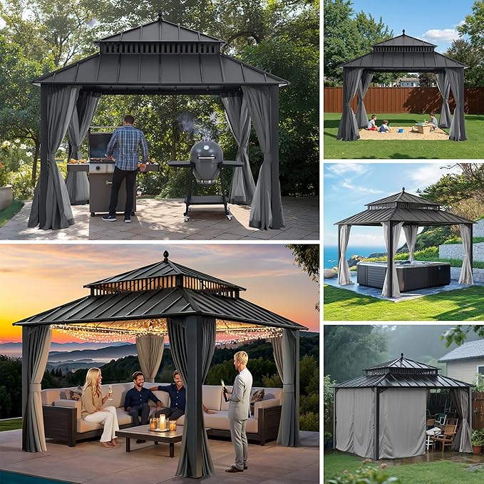 SUNJOY Kingston 12' x 12' Hardtop Gazebo with Galvanized Steel Double Roof, Curtain and Netting, Gray Aluminum Posts Permanent Pavilion Gazebo for Garden, Patio, Deck, Lawn