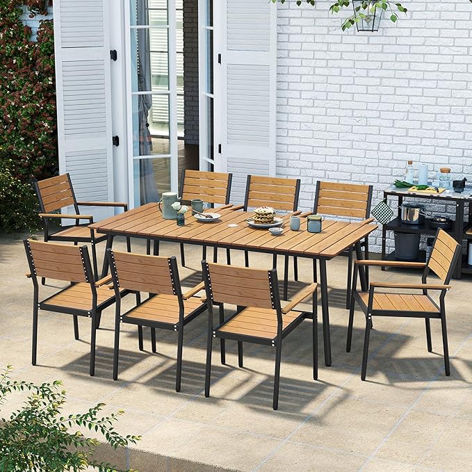 Outdoor Dining Table for 6-8, 82.7 inch Patio Dining Table with Wooden-Like Top and Aluminum Frame, Rectangular Table with Umbrella Hole Outdoor Furniture, Brown