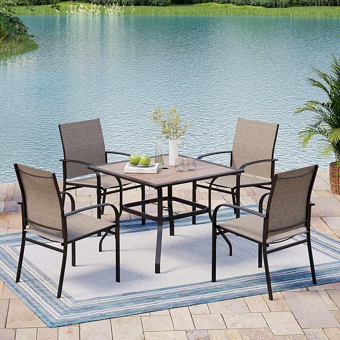 5 Pieces Patio Table and Chairs Set, 4 Person Outdoor Dining Furniture Set, 4 Brown Textilene Chairs and 37" Wood-Like Table Top Table with Umbrella Hole, for Deck Backyard Lawn