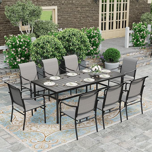 HERA'S HOUSE Outdoor Dining Sets for 8, 9 Pieces Patio Table and Chairs Set, 83” Rectangle Metal Table with Textilene Chairs for Backyard Garden Lawn