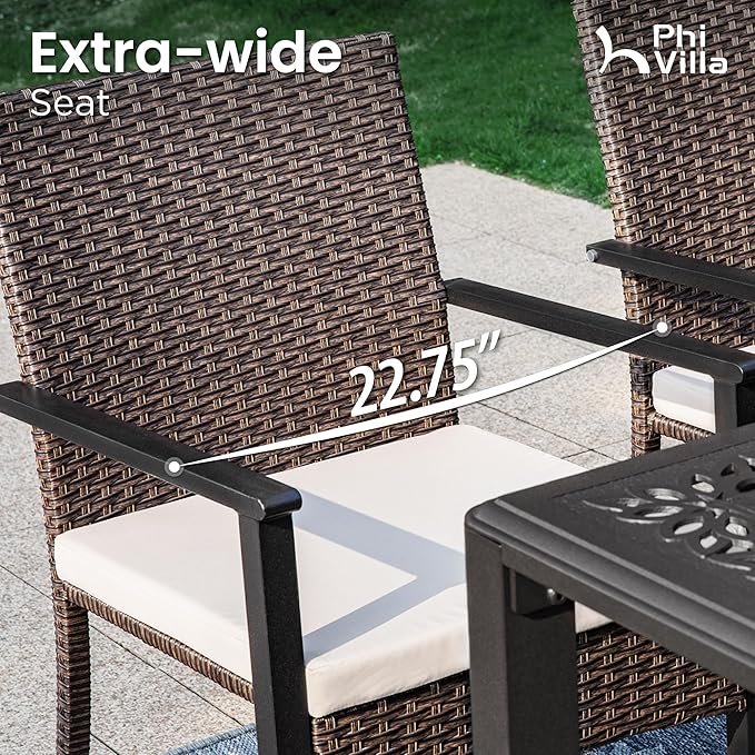 PHI VILLA 7 Pieces Expandable Cast Aluminum Outdoor Dining Set for 6, Extendable Metal Table with Umbrella Hole & Cushioned Wicker Chairs, Dining Furniture Set for Patio, Deck, Yard and Porch