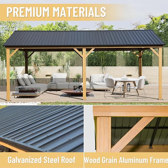 Domi 12' x 20' Hardtop Gazebo with Galvanized Steel Gable Roof, Pergola with Wood-looking Aluminum Frame, Permanent Pavilion Outdoor Gazebo with Ceiling Hook for Deck Patio Lawn Yard Backyard Grill