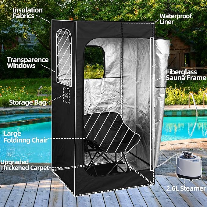Portable Sauna for Home, 2.6L Steamer Portable Steam Sauna for Home, Personal Sauna with Big Sauna Chair, Remote Control, Oxford Fabric, 2.6’ x 2.6’ x 5.9’, Black, 1000W