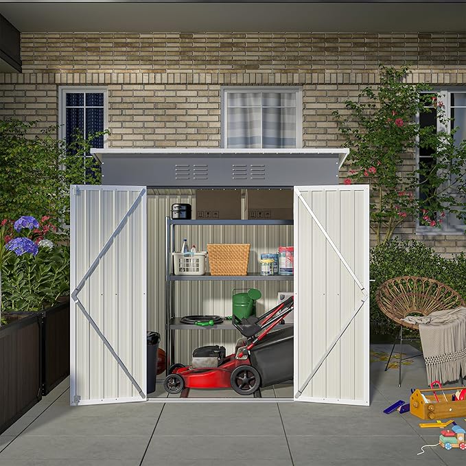 6x4 FT Outdoor Storage Shed, Metal Garden Shed with Frame Floor, Outside Tool Shed with Lockable Hinged Doors, Waterproof Storage Building with Sloped Roof for Backyard, Patio, Lawn, Gray