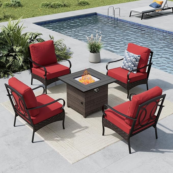 MFSTUDIO 5 Pieces Outdoor Patio Furniture Set, Metal Outdoor Conversation Sofa, Rattan Wicker Patio Sectional Sofa Set with 4 x Fixed Single Sofa, 1 x Fire Pit Table, Red