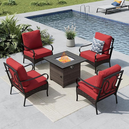 MFSTUDIO 5 Pieces Outdoor Patio Furniture Set, Metal Outdoor Conversation Sofa, Rattan Wicker Patio Sectional Sofa Set with 4 x Fixed Single Sofa, 1 x Fire Pit Table, Red