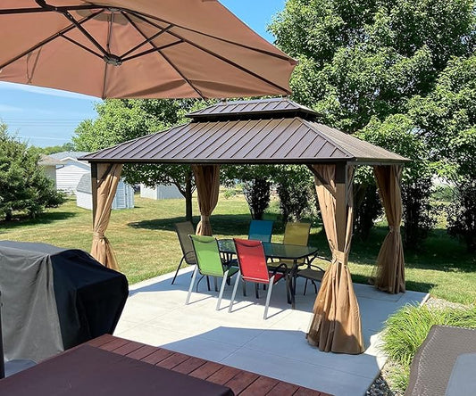 Domi 12' x 16' Hardtop Gazebo Permanent Metal Gazebo with Galvanized Steel Double Roof, Curtains and Netting for Party, Wedding, Outdoor Dining, Patio, Backyard, Brown