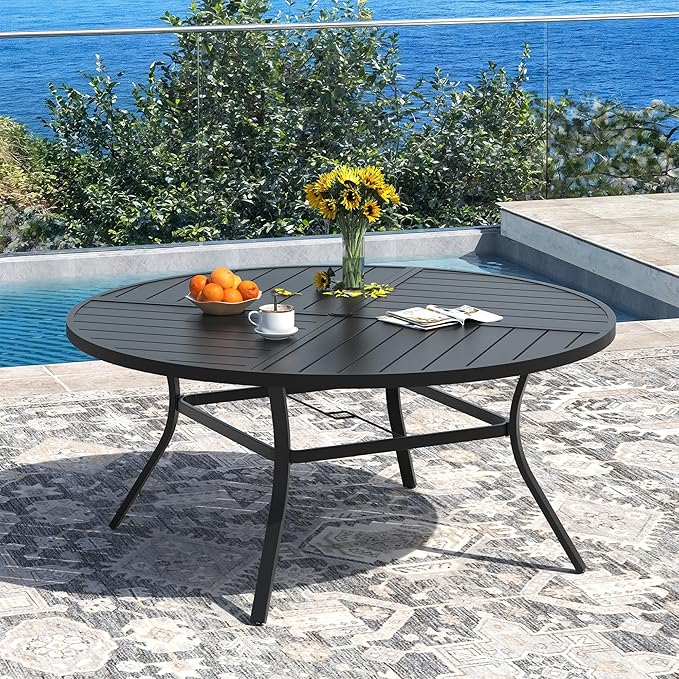 DIFY 59.8" Round Outdoor Patio Dining Table for 8-10, All-Weather Metal Steel Slatted Patio Table with 1.57" Adjustable Umbrella Hole, for Lawn Garden Porch Backyard, Black
