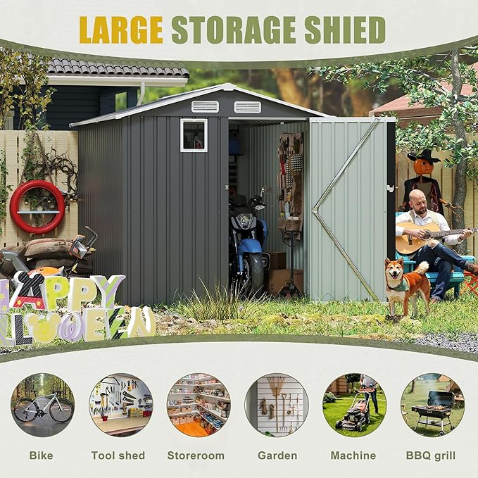 6x8 FT Sheds & Outdoor Storage,Steel Storage Shed with Lockable Doors and Window,Waterproof Garden Shed w/Roof Slope Design & Weather Versatility,Tool House for Storing Bicycles,Dark Gray