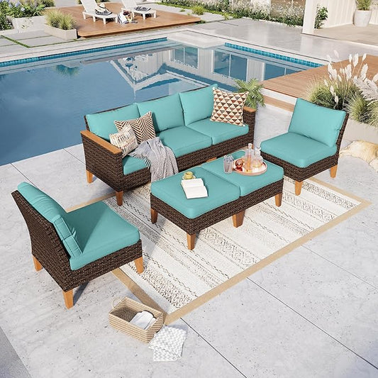 GREEN PARTY 7 Pieces Wicker Patio Furniture Set, All-Weather Outdoor Rattan Patio Sectional Sofa Conversation Set with 4" Thick Cushions for Garden, Backyard, 2 x Ottomans (Blue)