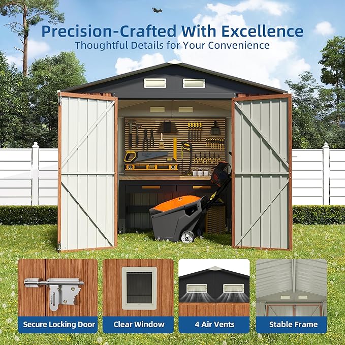 6x8FT Outdoor Storage Shed, Metal Garden Shed with Floor Base, Updated Frame Structure & Lockable Doors, Large Tool Shed for Backyard, Patio,Lawn,Utility & Bike Storage