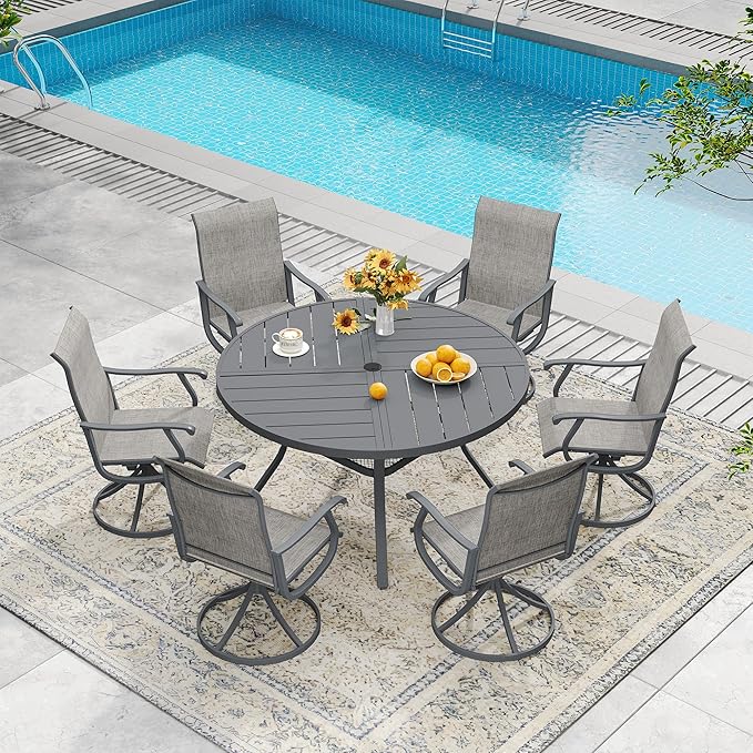 DIFY 7 Pieces Outdoor Patio Dining Set, 6 Grey Textilene Swivel Dining Chairs and 47.2" Grey Round Metal Dining Table, Outdoor Table and Chairs