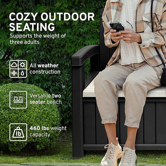 EconoHome 2 Seat Outdoor Storage Bench with Rain Cover - 60 Gallon Capacity - Weatherproof Resin Bench for Patio, Porch, Garden, Yard, Pool Area - Furniture for Pool Accessories, Gardening Tools
