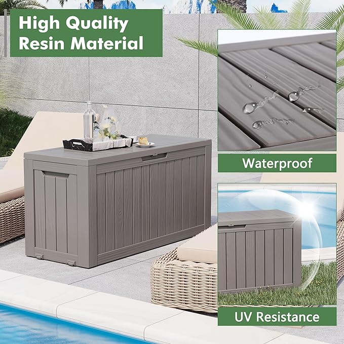 80 Gallon Deck Box Large Outdoor Storage Boxfor Patio Furniture,Outdoor Cushions, Garden Tools, Sports Equipment and Pool Supplies, Waterproof, Resin, Lockable