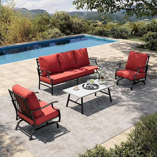 HERA'S HOUSE 4 Piece Patio Furniture Set, 2 x Rocking Metal Frame Cushioned Chair, 3-Seat Sofa with Marbling Coffee Table, All Weather Outdoor Conversation Set for Lawn Garden Backyard, Red