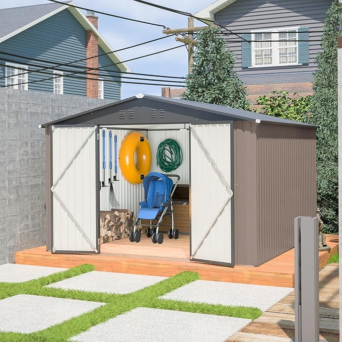 10' x 10' Metal Storage Shed for Ourdoor, Steel Yard Shed with Design of Lockable Doors, Utility and Tool Storage for Garden, Backyard, Patio, Outside use