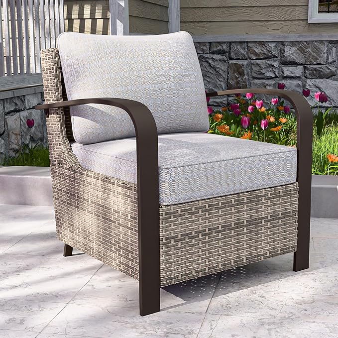 COOS BAY Aurora Terrace Outdoor Chairs with Cushions, Wicker Dining Set with Deep 4-Inch Seating, Modern Curved Armrest Porch Chairs, Set of 1, Beige/Beige