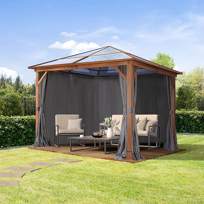 TOOLPORT Hardtop Gazebo 10x10 ft with Polycarbonate Roof - Wood-Like Finish - 4 Side Panels in Gray