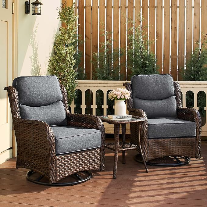 HILLGA Luxury Patio Furniture Set with 6-Inch Thick Cushions, High Back Outdoor Swivel Rocker Chairs and Table, 3-Piece All Weather Conversation Set for Porch Deck Balcony Yard, Dark Grey (V3)