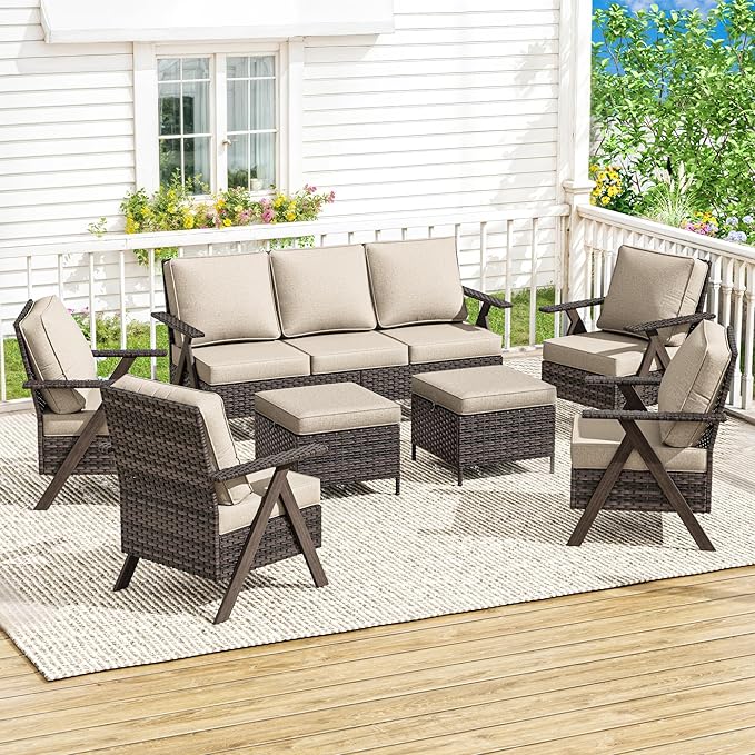 7 Pieces Patio Furniture Set,Outdoor Sofa & High Back Wicker Patio Chairs, Patio Conversation Set with Ottoman for Deck Yard and Poolside