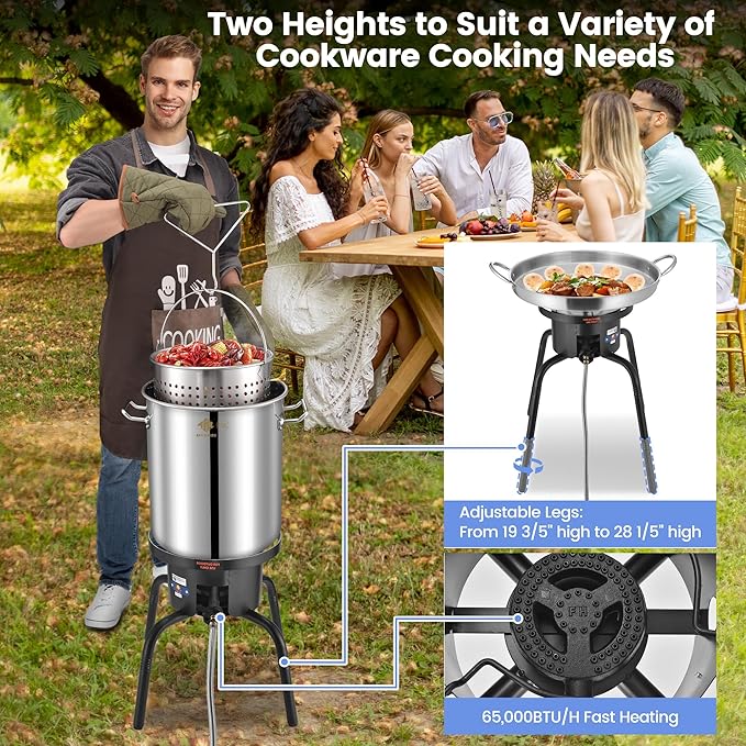ARC 40QT Turkey Fryer Pot With Basket Kit, Stainless Steel Tamale Steamer Pot And Cast Iron Propane Burner 65,000BTU With Adjustable Legs, Crawfish Boil Seafood Boil Pot Propane Stove For Outdoor