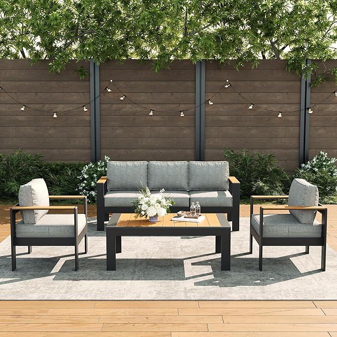 LayinSun 4 Piece Aluminum Outdoor Furniture Set with Coffee Table, Outside Patio Deep Seating Conversation Set with Upgraded Washable Thick Cushion