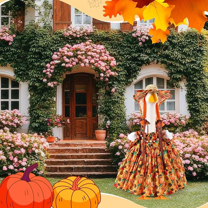 Fall Thanksgiving Goose Outfit Sunflower Porch Goose Costume with Hat Necklace for 23 Autumn Patio Yard Lawn Decor(Pumpkin,Sunflower)