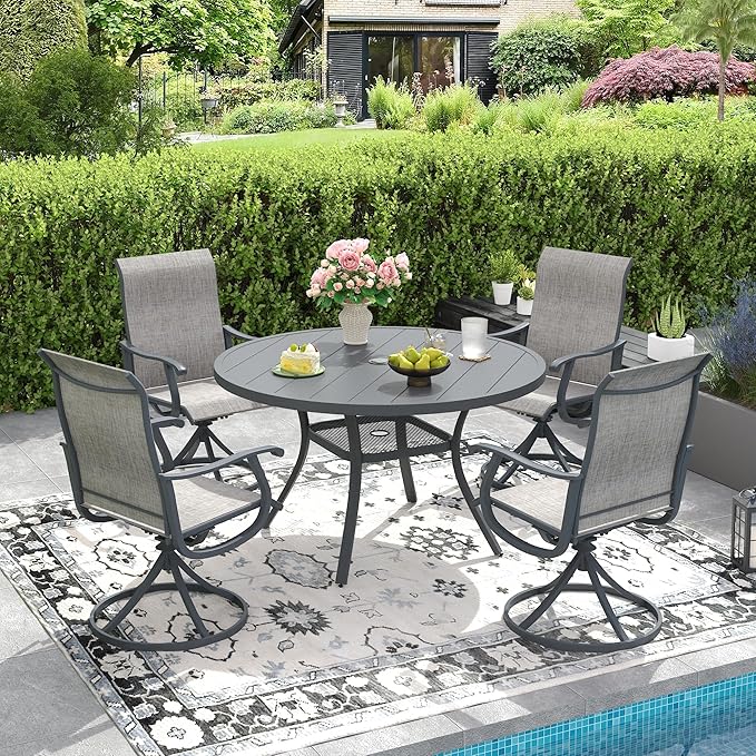 DIFY 5 Pieces Outdoor Patio Dining Set, 4 Grey Textilene Swivel Dining Chairs and 40.6" Grey Round Dining Table, Metal Outdoor Table and Chairs