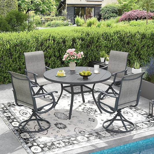 DIFY 5 Pieces Outdoor Patio Dining Set, 4 Grey Textilene Swivel Dining Chairs and 40.6" Grey Round Dining Table, Metal Outdoor Table and Chairs